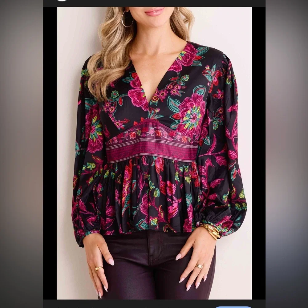 Vibrant Floral V-Neck Blouse in Black and Pink - Picture 1 of 6